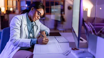 Mid adult female doctor reviews patient records and using desktop PC