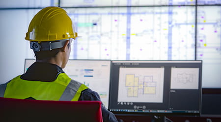 Man wearing hard hat looking at data on multiple computer screens