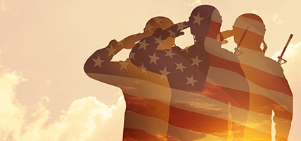 Silhouettes of soldiers with print of sunset. Greeting card for Veterans Day, Memorial Day, Independence Day.