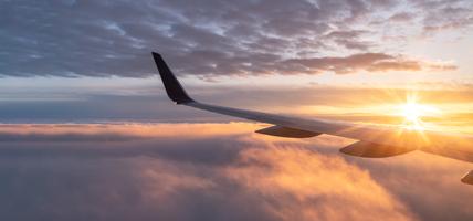 plane wing in sunset sky