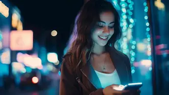 woman happily looking at mobile