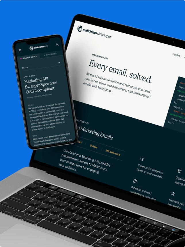 Mailchimp developer application running on smartphone and laptop