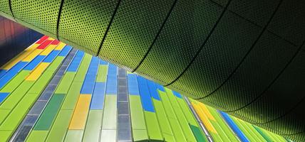 Colorful buildings and motorway overpass in business district