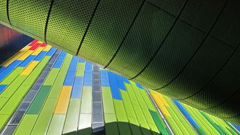 Colorful buildings and motorway overpass in business district